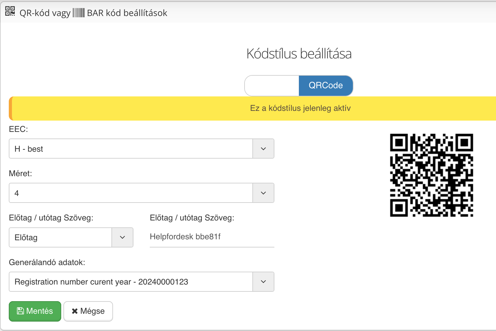 Helpfordesk rendszerben generált QR kódok