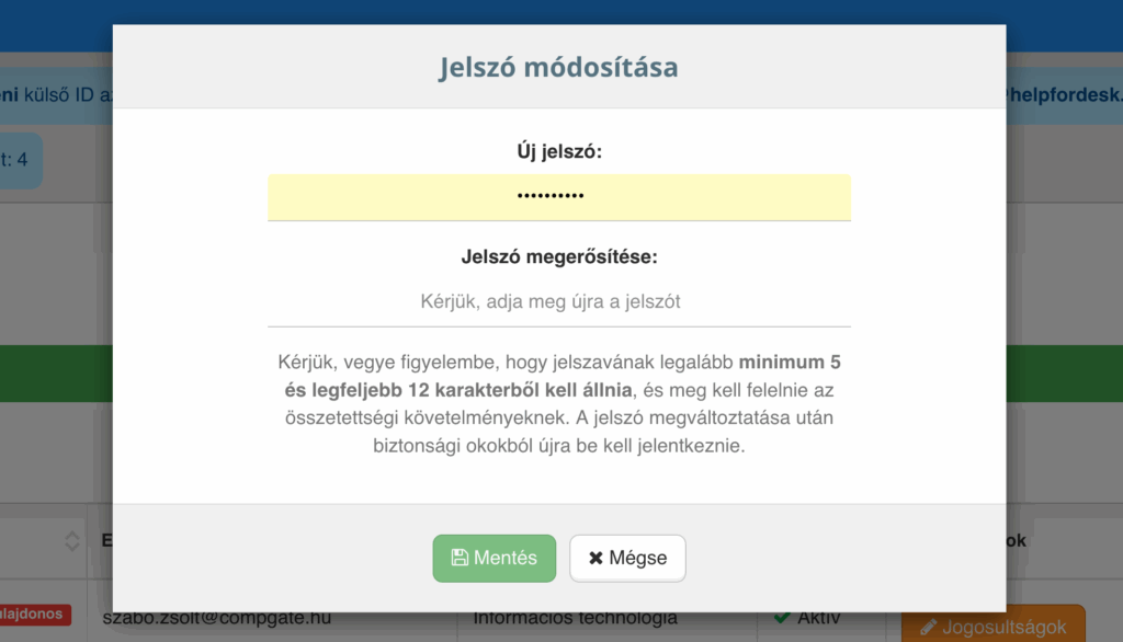 Jelszó módosítása belépés után modal