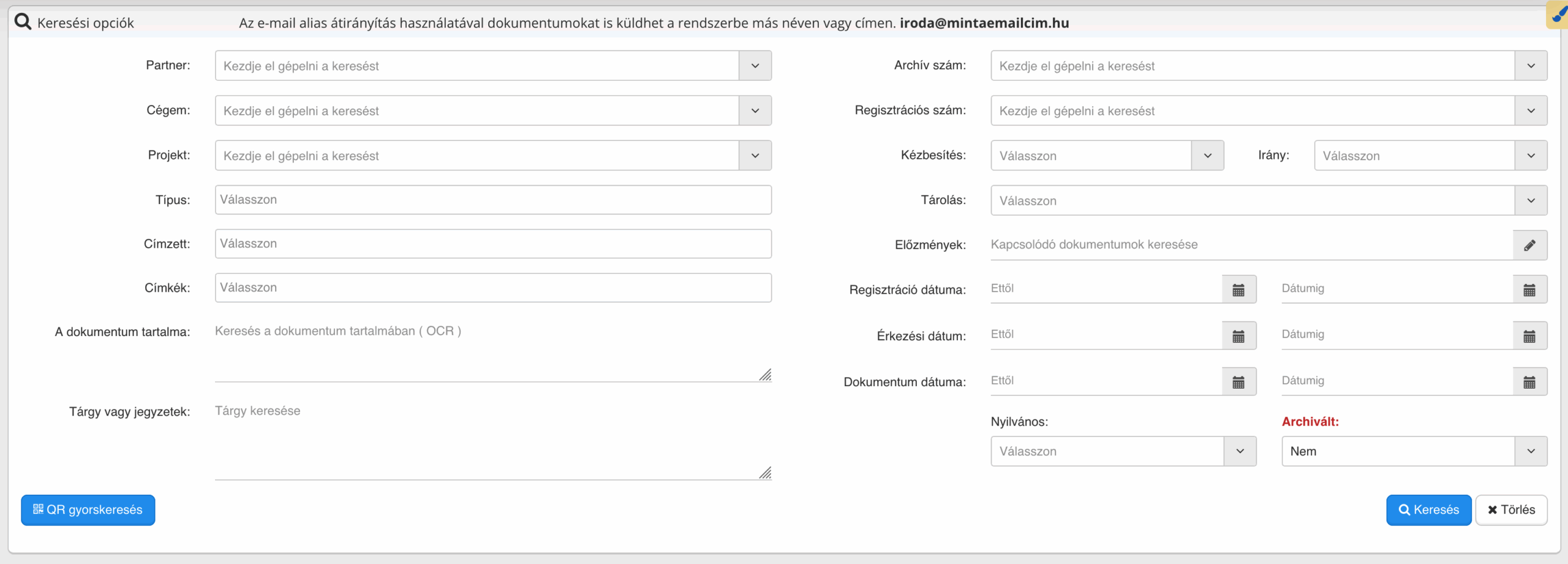  Keresés szűrőkkel (pl. dátum, partner, tárgy, státusz)